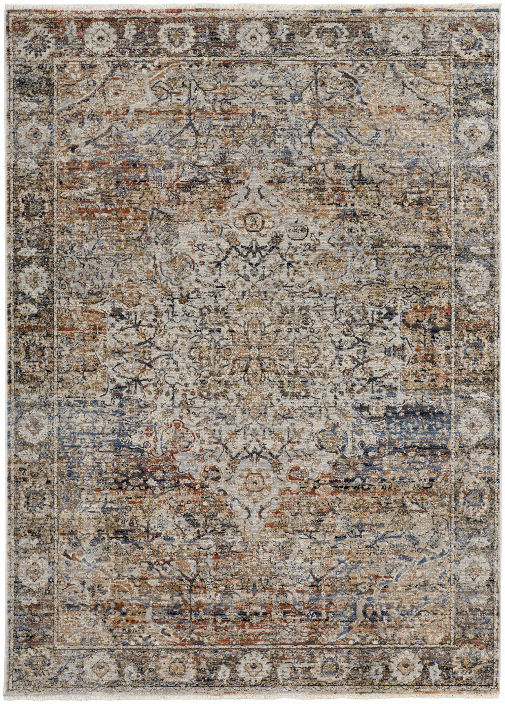 8' X 10' Tan Orange And Blue Floral Power Loom Distressed Area Rug With Fringe