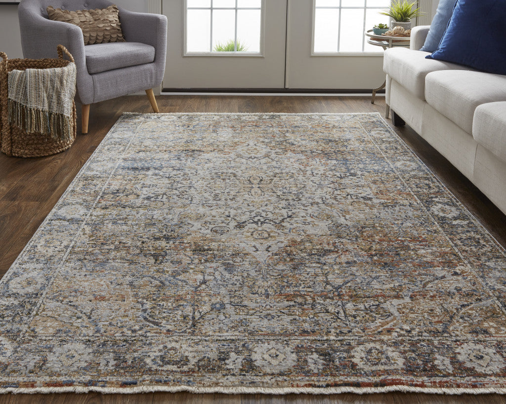 8' X 10' Tan Orange And Blue Floral Power Loom Distressed Area Rug With Fringe