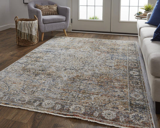 5' X 8' Tan and Blue Floral Power Loom Distressed Non Skid Area Rug With Fringe