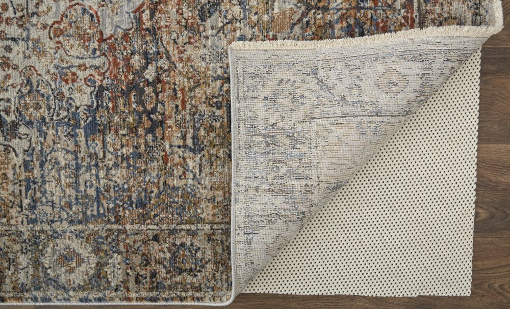 10' X 13' Tan Blue And Burnt Orange Oriental Distressed Area Rug With Fringe