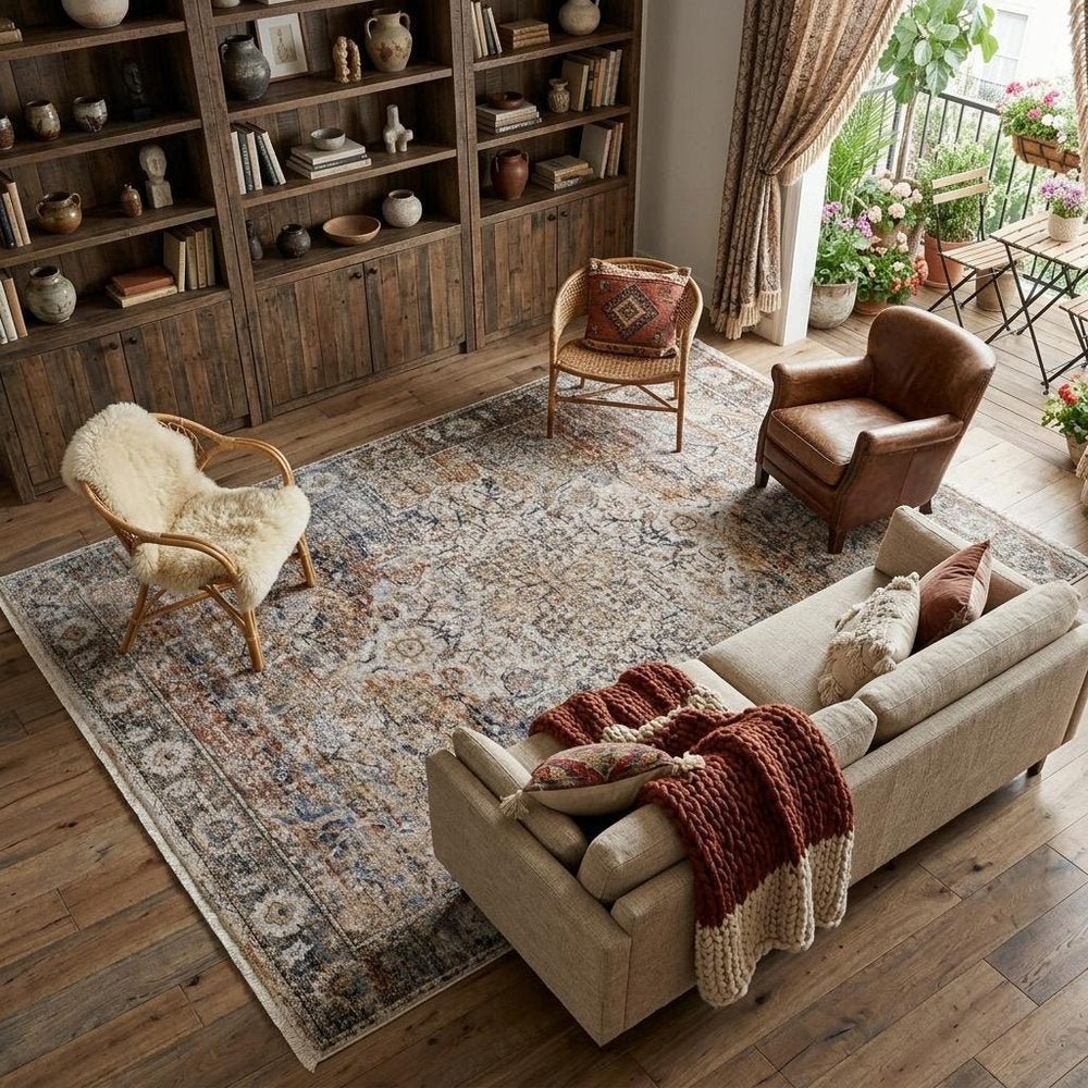 8' X 10' Tan Blue And Burnt Orange Oriental Distressed Area Rug With Fringe