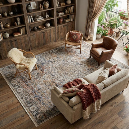 8' X 10' Tan Blue And Burnt Orange Oriental Distressed Area Rug With Fringe