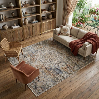 8' X 10' Tan Blue And Burnt Orange Oriental Distressed Area Rug With Fringe