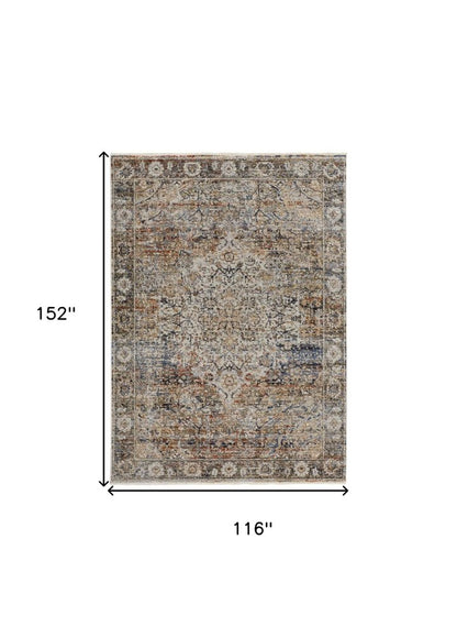 8' X 10' Tan Blue And Burnt Orange Oriental Distressed Area Rug With Fringe