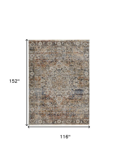 8' X 10' Tan Blue And Burnt Orange Oriental Distressed Area Rug With Fringe