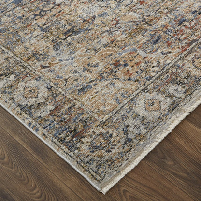 8' X 10' Tan Blue And Burnt Orange Oriental Distressed Area Rug With Fringe