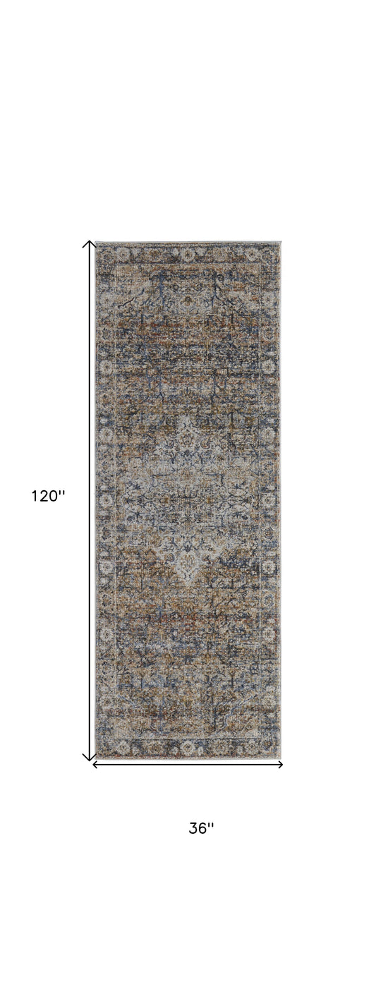 8' X 10' Tan Orange And Blue Floral Power Loom Distressed Area Rug With Fringe