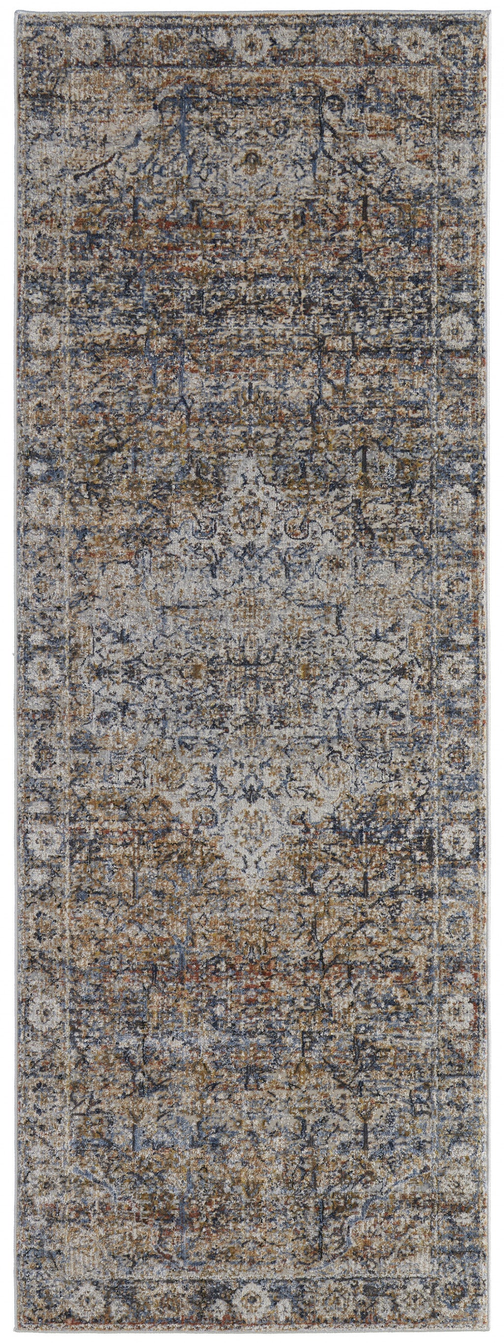 8' X 10' Tan Orange And Blue Floral Power Loom Distressed Area Rug With Fringe