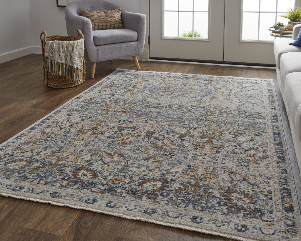 12' X 15' Tan Blue And Orange Floral Power Loom Distressed Area Rug With Fringe