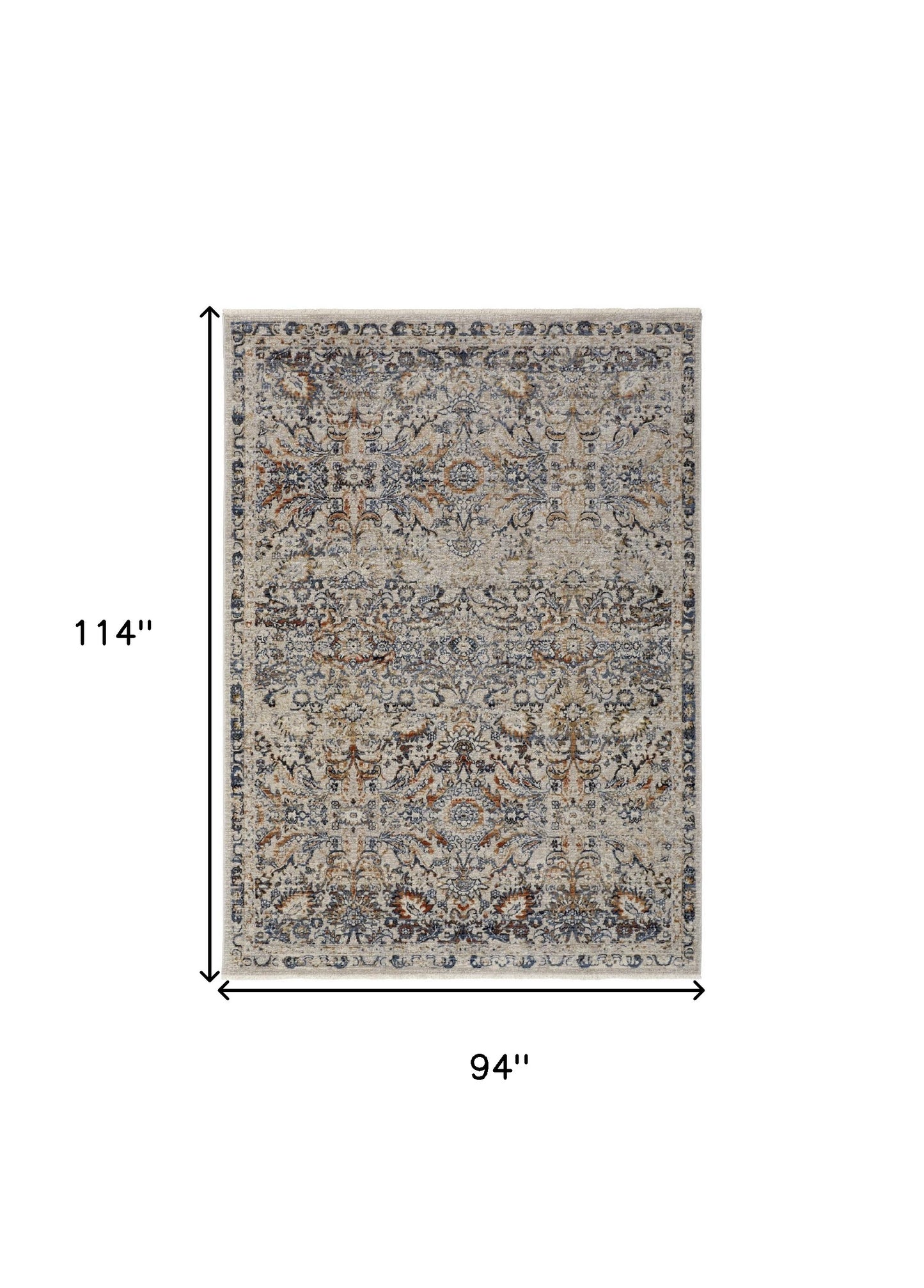 5' X 8' Tan and Blue Floral Power Loom Distressed Non Skid Area Rug With Fringe