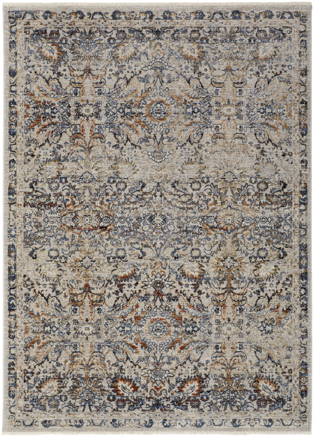 12' X 15' Tan Blue And Orange Floral Power Loom Distressed Area Rug With Fringe