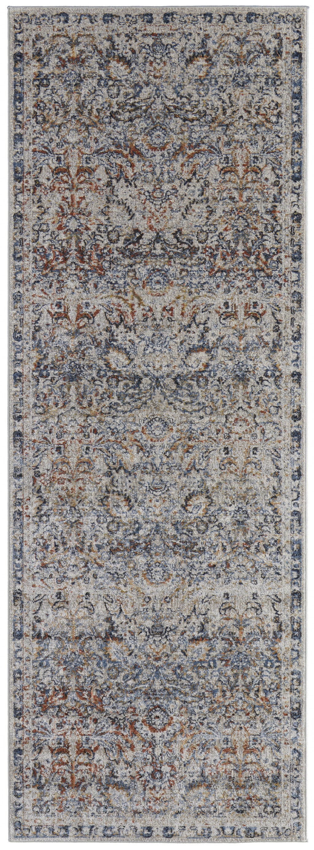 12' X 15' Tan Blue And Orange Floral Power Loom Distressed Area Rug With Fringe