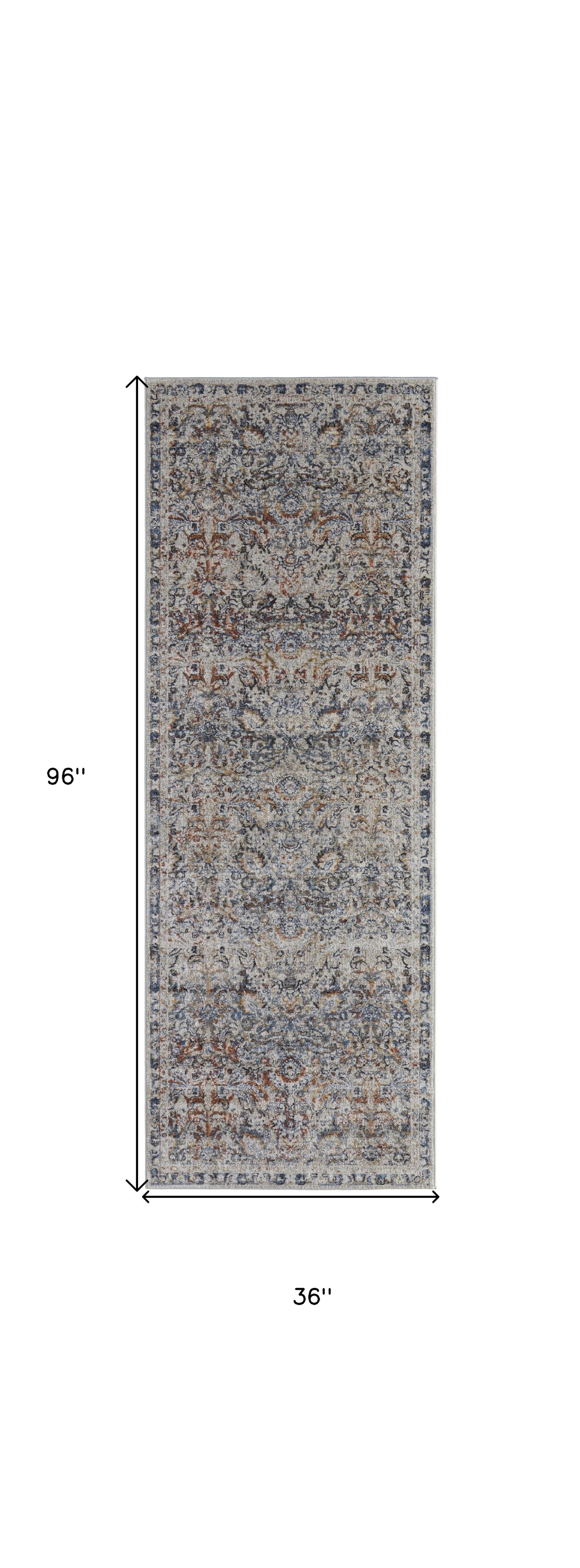 12' X 15' Tan Blue And Orange Floral Power Loom Distressed Area Rug With Fringe