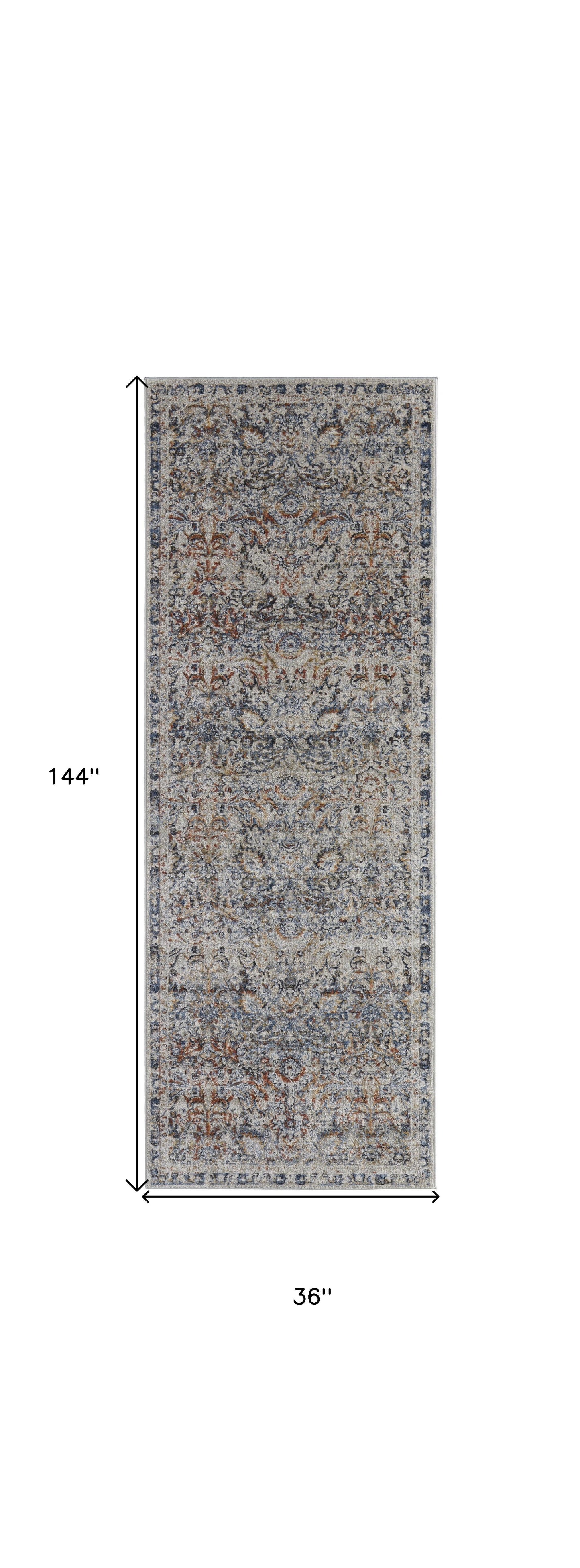 12' X 15' Tan Blue And Orange Floral Power Loom Distressed Area Rug With Fringe