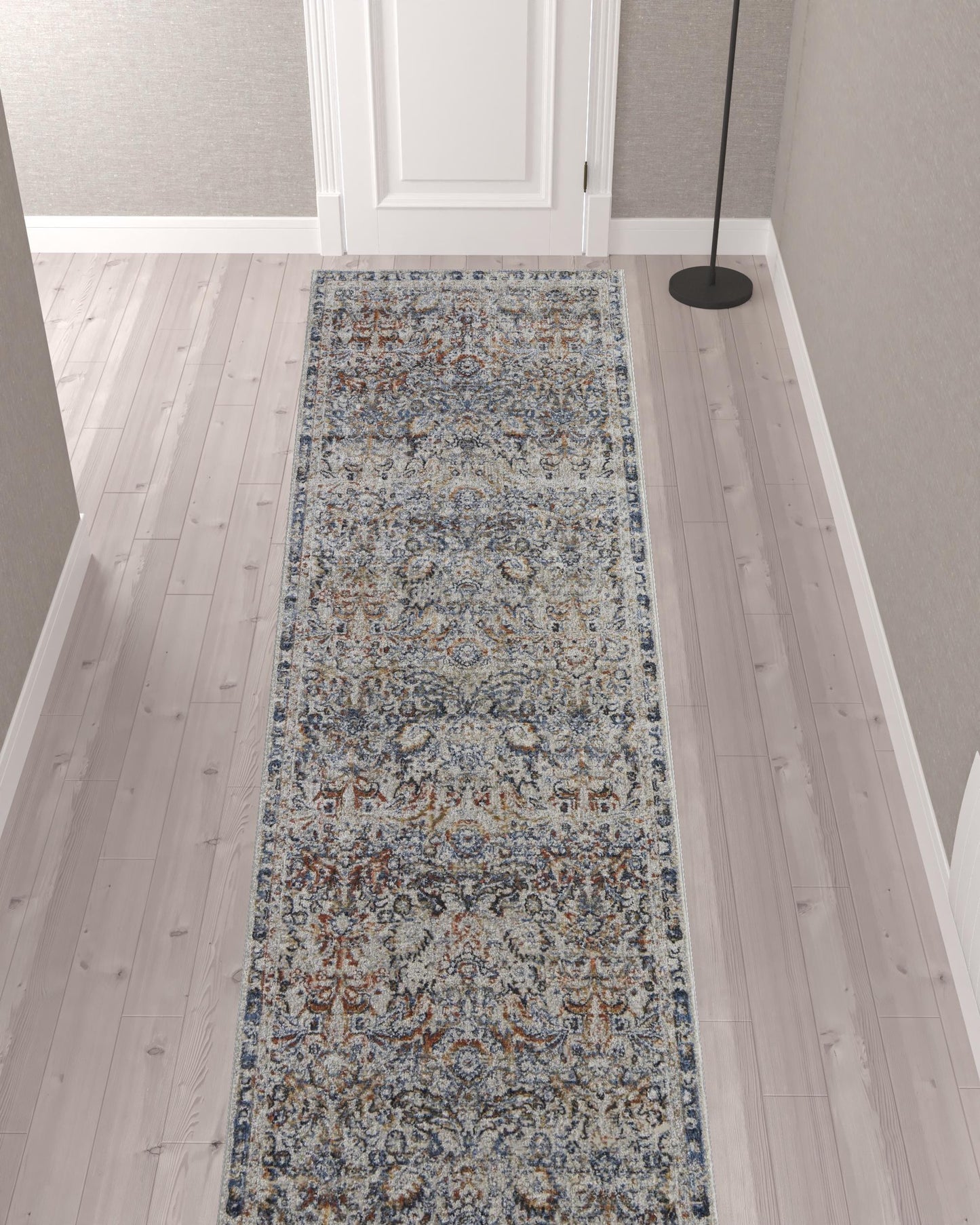 12' X 15' Tan Blue And Orange Floral Power Loom Distressed Area Rug With Fringe