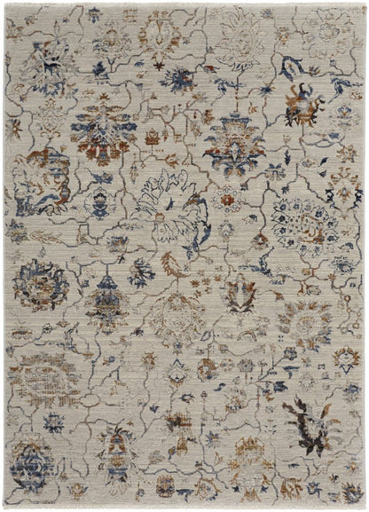 8' X 10' Ivory Blue And Burnt Orange Floral Distressed Area Rug With Fringe