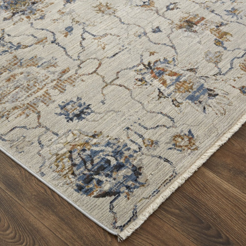 8' X 10' Ivory Blue And Burnt Orange Floral Distressed Area Rug With Fringe