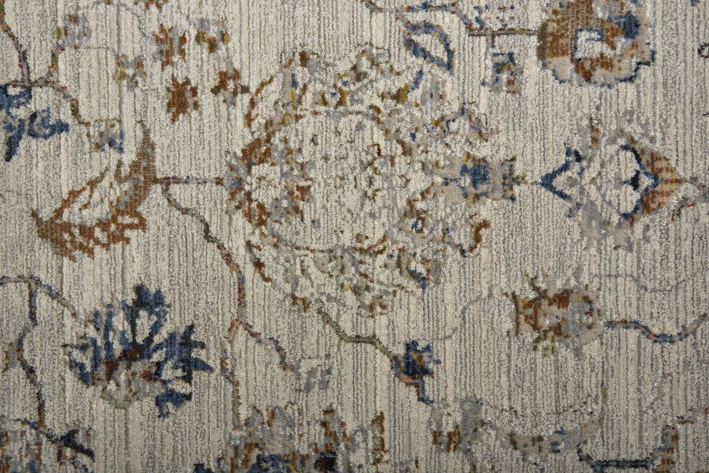 8' X 10' Ivory Blue And Burnt Orange Floral Distressed Area Rug With Fringe