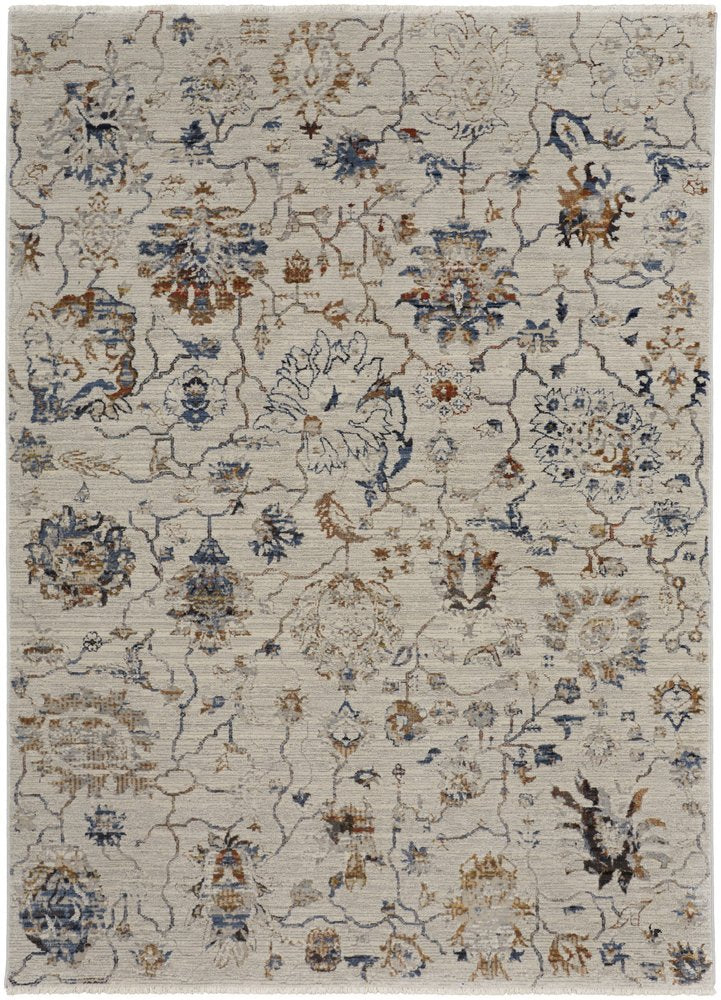 8' X 10' Ivory Blue And Burnt Orange Floral Distressed Area Rug With Fringe