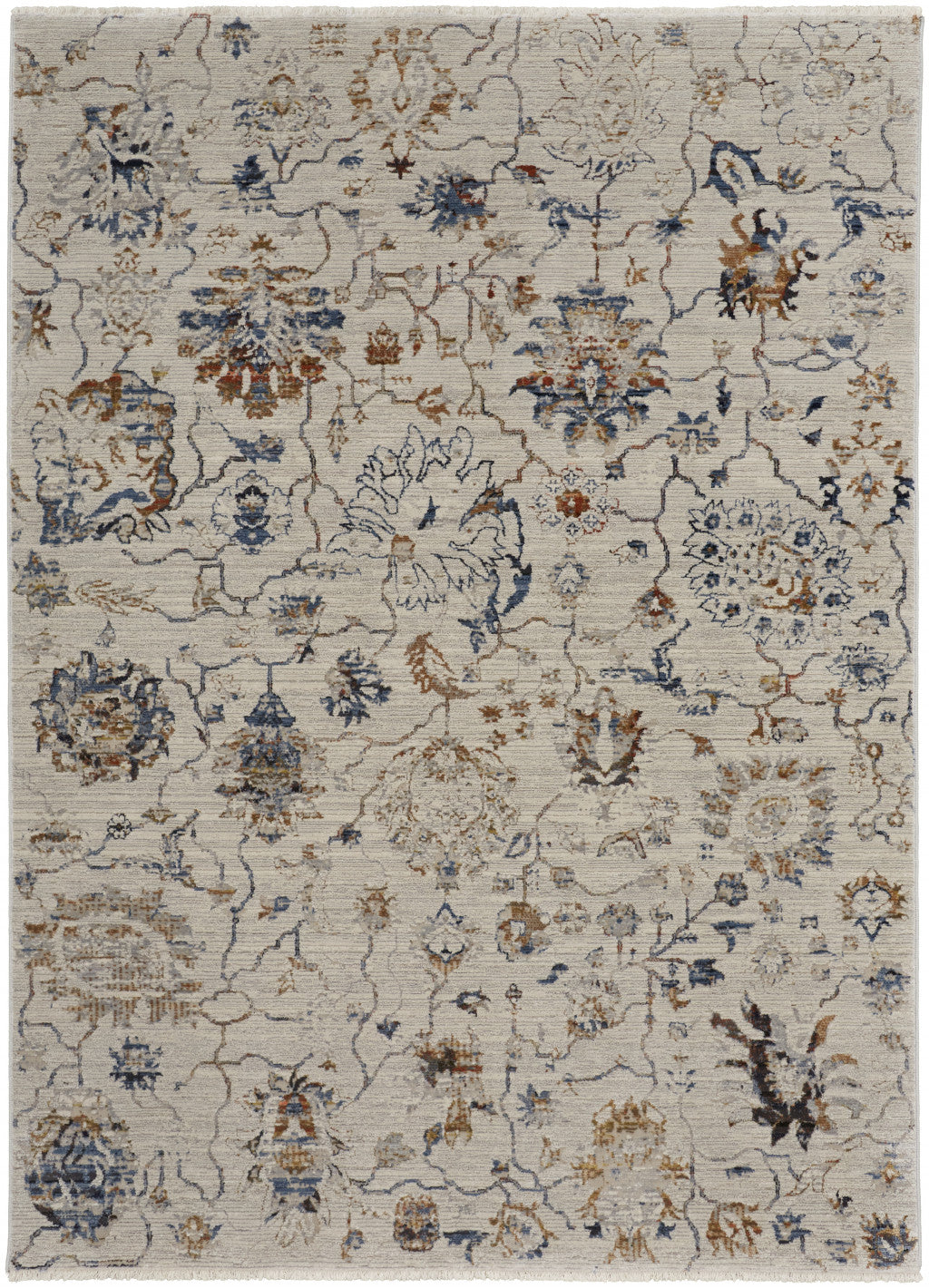 8' X 10' Ivory Orange And Blue Floral Power Loom Distressed Area Rug With Fringe