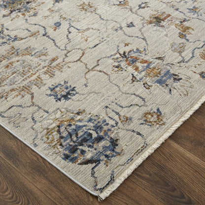 8' X 10' Ivory Blue And Burnt Orange Floral Distressed Area Rug With Fringe