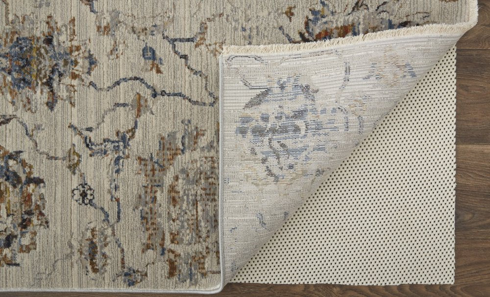 8' X 10' Ivory Blue And Burnt Orange Floral Distressed Area Rug With Fringe