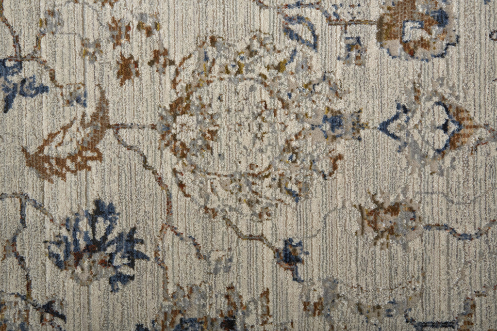 8' X 10' Ivory Orange And Blue Floral Power Loom Distressed Area Rug With Fringe