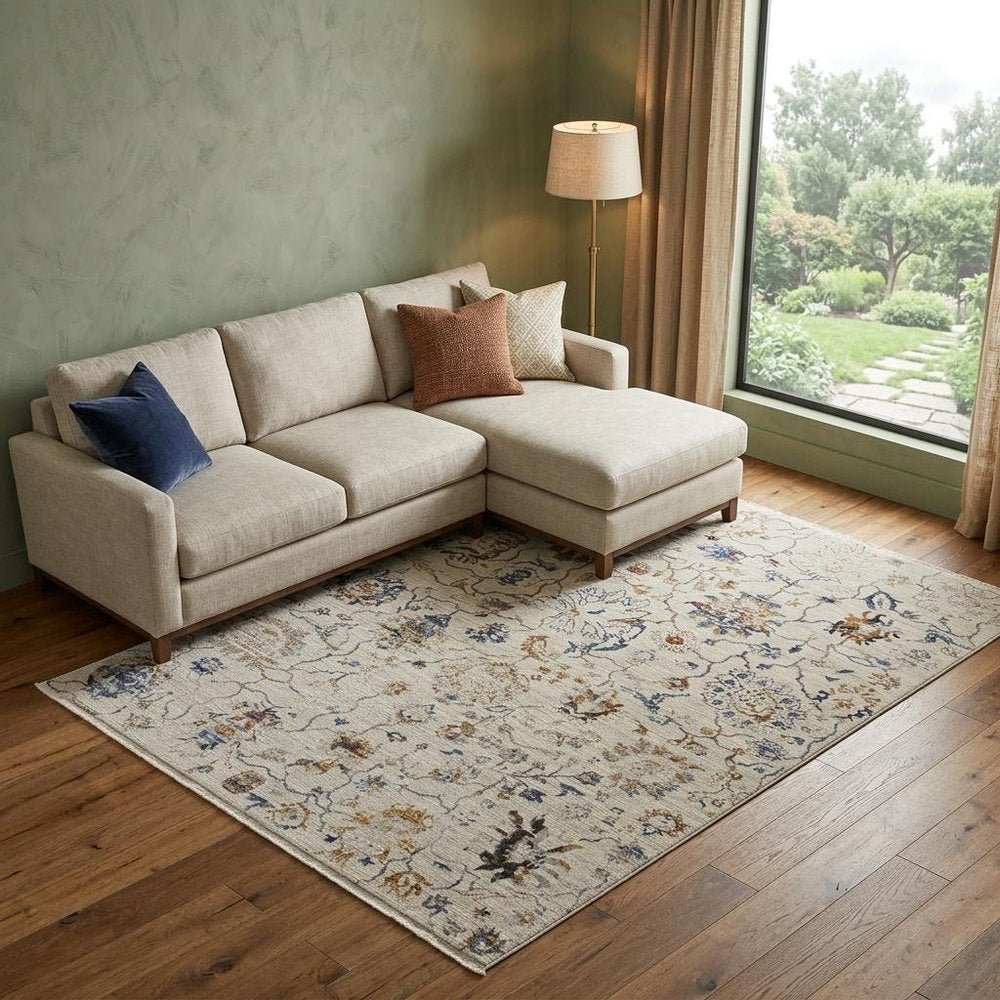 8' X 10' Ivory Blue And Burnt Orange Floral Distressed Area Rug With Fringe