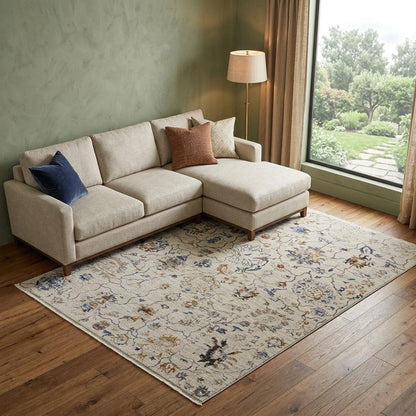 8' X 10' Ivory Blue And Burnt Orange Floral Distressed Area Rug With Fringe