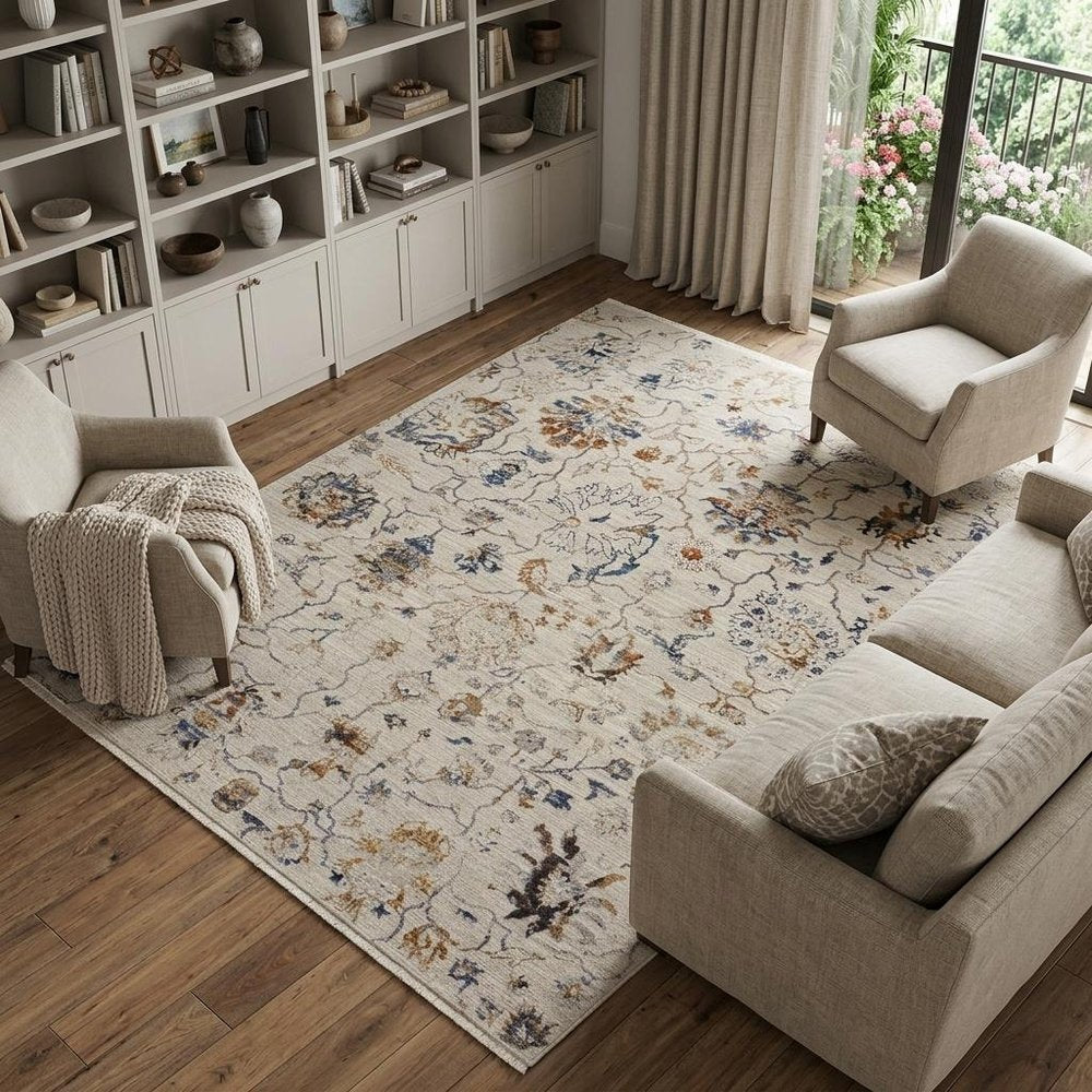 8' X 10' Ivory Blue And Burnt Orange Floral Distressed Area Rug With Fringe
