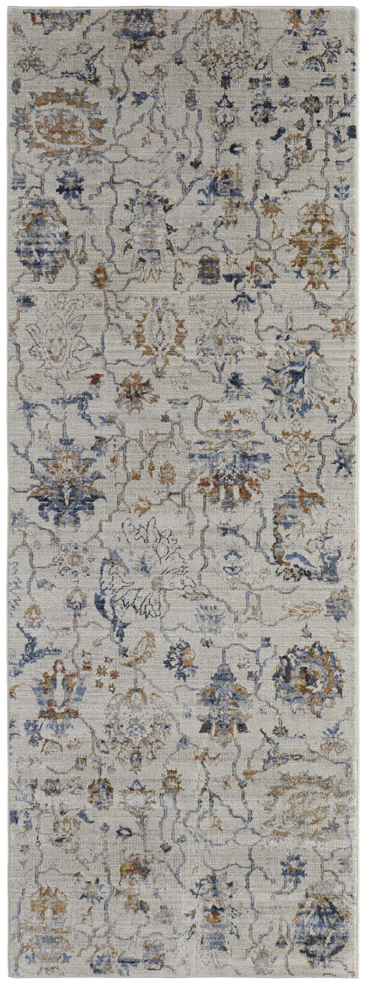 5' X 8' Ivory Orange And Blue Floral Power Loom Distressed Area Rug With Fringe