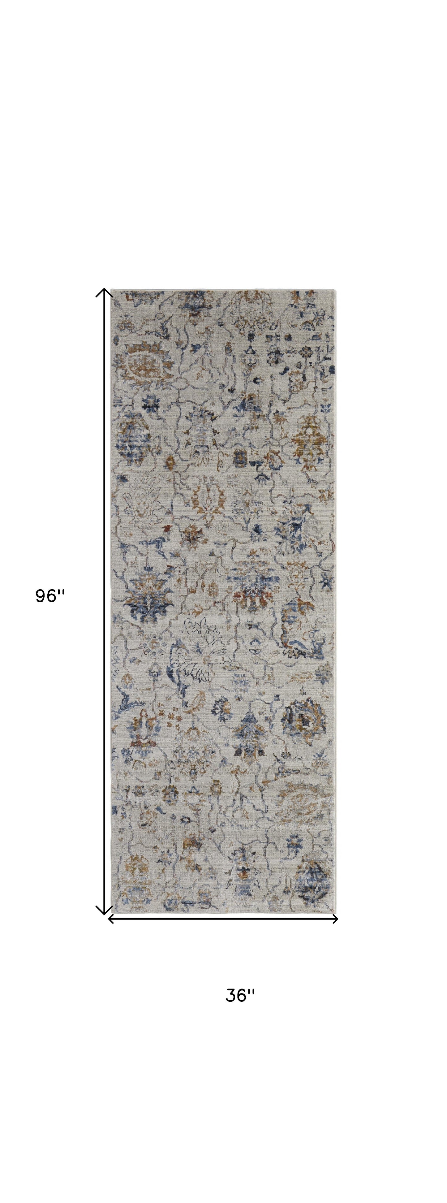 8' X 10' Ivory Orange And Blue Floral Power Loom Distressed Area Rug With Fringe