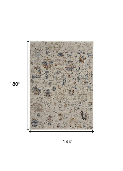 8' X 10' Ivory Blue And Burnt Orange Floral Distressed Area Rug With Fringe
