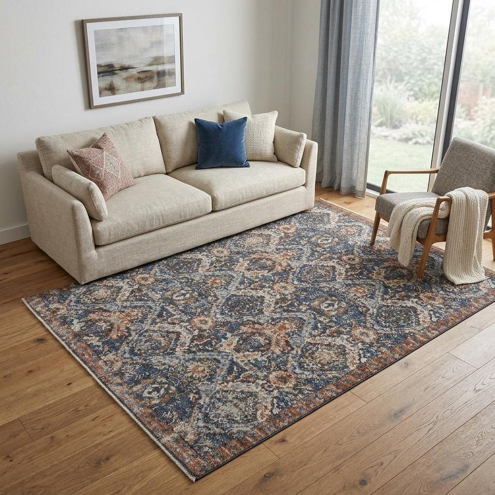 8' X 10' Ivory Blue And Burnt Orange Floral Area Rug With Fringe