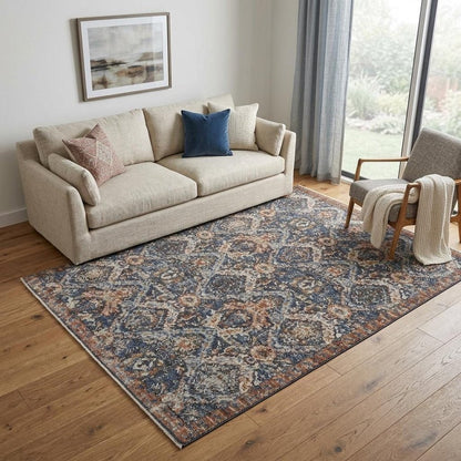 8' X 10' Ivory Blue And Burnt Orange Floral Area Rug With Fringe