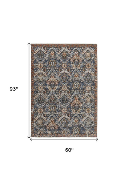 8' X 10' Ivory Blue And Burnt Orange Floral Area Rug With Fringe
