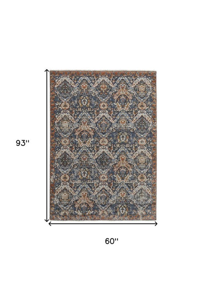 5' X 8' Ivory Blue And Burnt Orange Floral Area Rug With Fringe