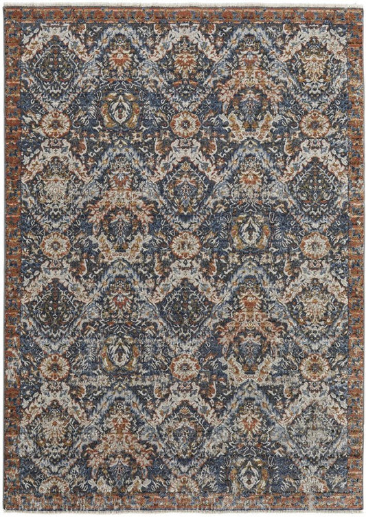 10' X 13' Ivory Blue And Burnt Orange Floral Area Rug With Fringe