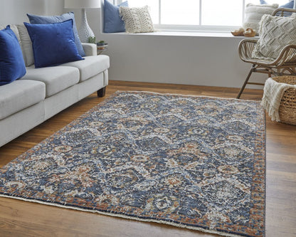 12' X 15' Ivory Blue And Burnt Orange Floral Area Rug With Fringe