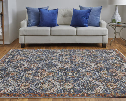 12' X 15' Ivory Blue And Burnt Orange Floral Area Rug With Fringe
