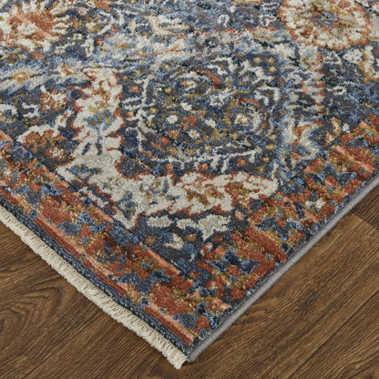 8' X 10' Ivory Blue And Burnt Orange Floral Area Rug With Fringe