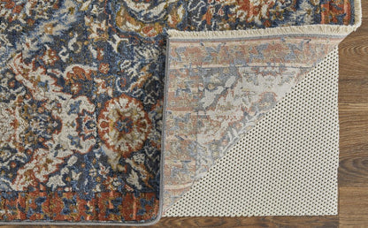 8' X 10' Ivory Blue And Burnt Orange Floral Area Rug With Fringe
