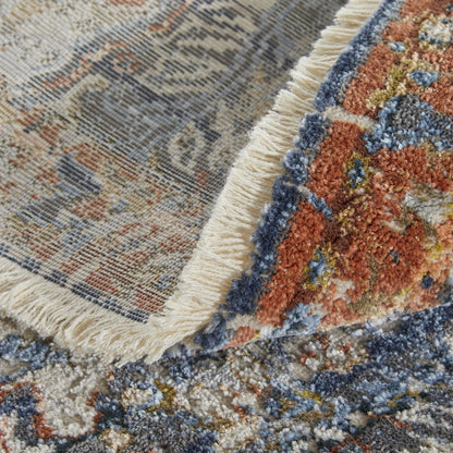 8' X 10' Ivory Blue And Burnt Orange Floral Area Rug With Fringe