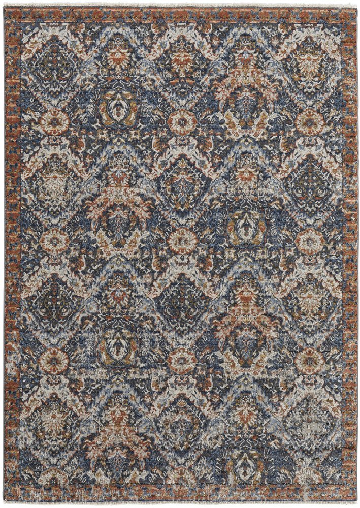 5' X 8' Ivory Blue And Burnt Orange Floral Area Rug With Fringe
