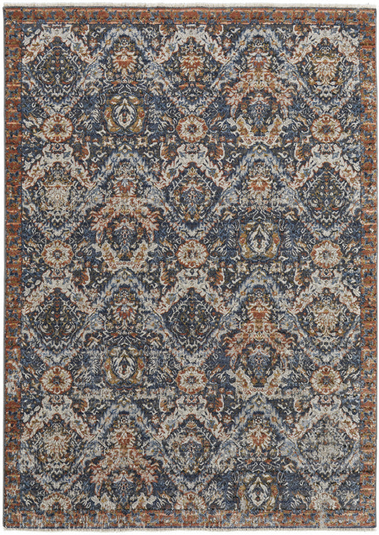 5' X 8' Blue and Orange Floral Power Loom Non Skid Area Rug With Fringe