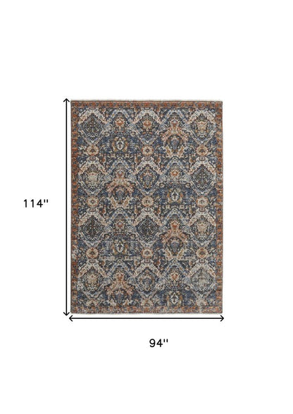 10' X 13' Ivory Blue And Burnt Orange Floral Area Rug With Fringe