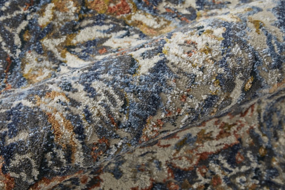 8' X 10' Ivory Blue And Burnt Orange Floral Area Rug With Fringe