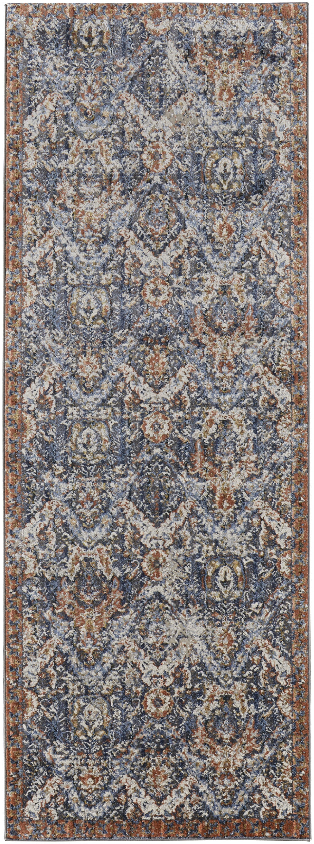 5' X 8' Blue Orange And Ivory Floral Power Loom Area Rug With Fringe