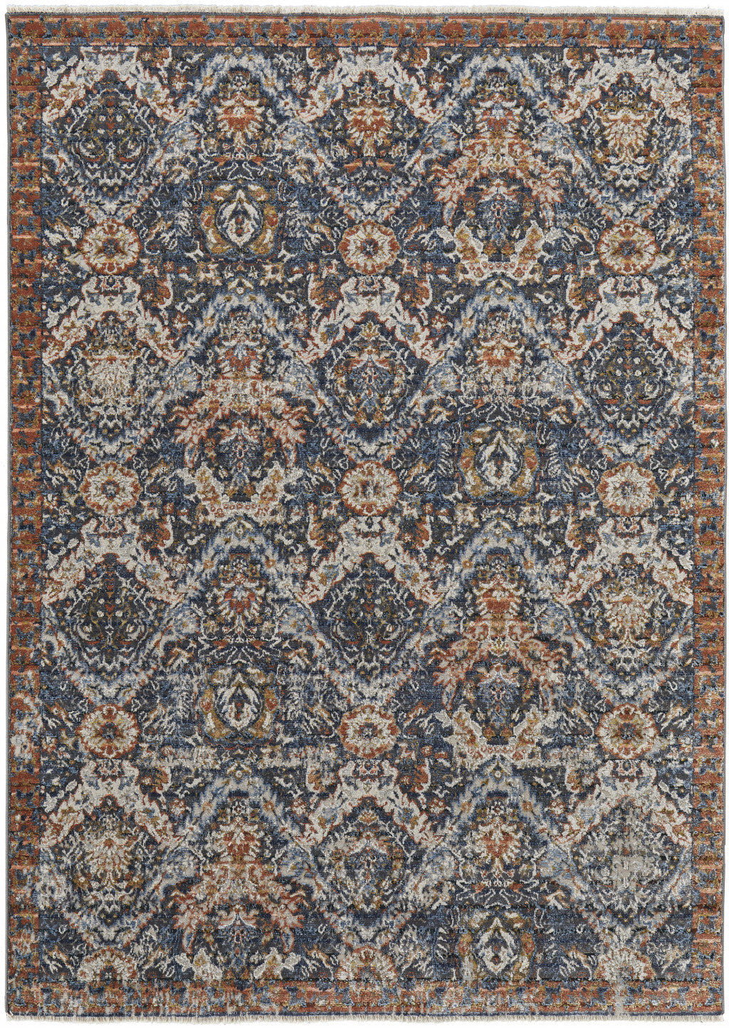 5' X 8' Blue Orange And Ivory Floral Power Loom Area Rug With Fringe