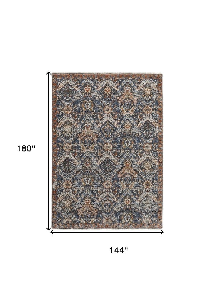 5' X 8' Ivory Blue And Burnt Orange Floral Area Rug With Fringe